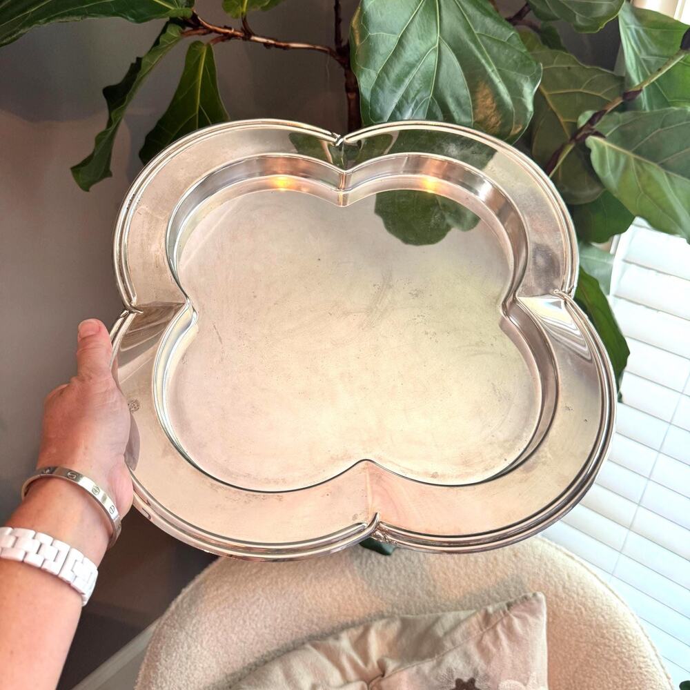 Vintage Godinger Silver-Plated Clover Scalloped Vanity Tray - MCM Bar Decor